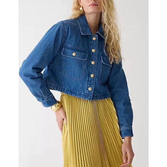 J.Crew Women's Cropped Denim Puffer Jacket Blue M - Picture 1 of 6